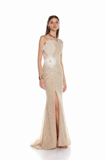 Kemik Volan Detaylı Tek Omuz  Abiye Elbise